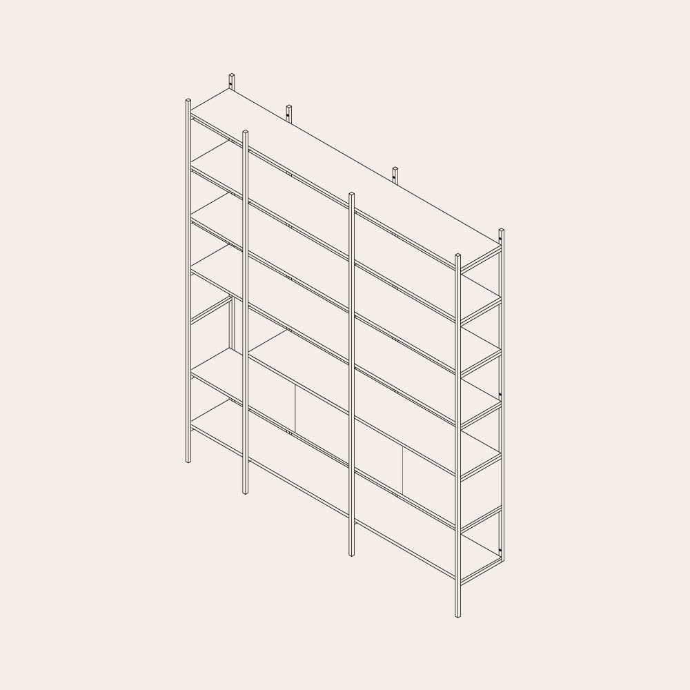 ritning av bokhylla med skåp i måtten 201x237 cm 