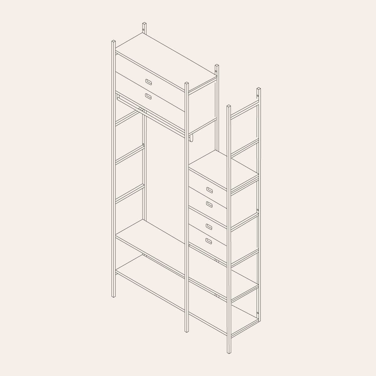 en ritning av en hallhylla med förvaring i måtten 123x237 cm